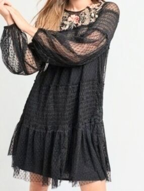 Maeve Black Dot Lace Mini Dress with Floral Embroidered Yoke, Size M
